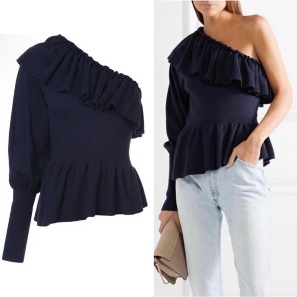 Ulla Johnson Sweaters - Ulla Johnson Midnight Blue Eden Cashmere Ruffled One Shoulder Sweater Medium